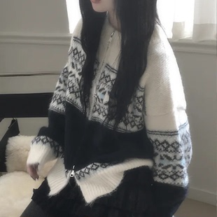 秋天日记 温柔软糯复古休闲宽松毛衣外套 费尔岛雪花针织拉链衫