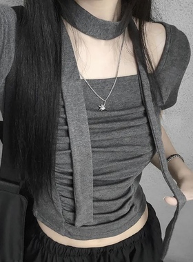 夏日小记 设计感围脖系带短袖T恤 甜酷辣妹灰色方领修身短款上衣