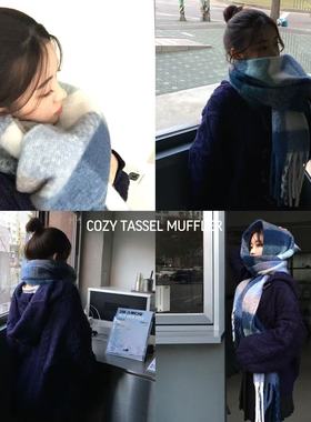 浪漫圣诞月 蓝色系格纹仿羊绒流苏围巾 秋冬加厚保暖百搭格子披肩