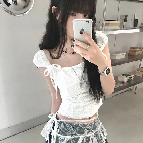 夏日小记 芭蕾风花朵蕾丝蝴蝶结短袖 甜酷辣妹百搭修身短款上衣