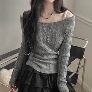 秋天日记 露肩扭花针织衫上衣 纯欲风辣妹修身百搭斜肩长袖毛衣