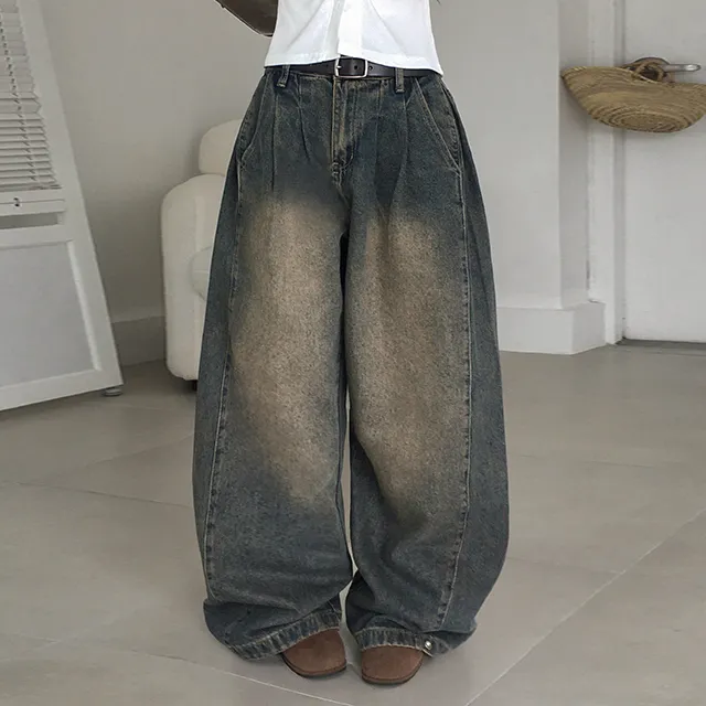 秋天日记 美式复古口袋水洗牛仔长裤 宽松显瘦百搭直筒阔腿裤