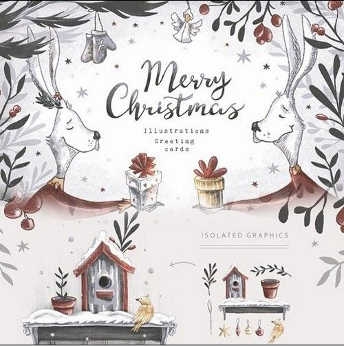 (b526)水彩手绘灰色系圣诞节冬日彼得兔彩灯花盆卡片背景png素材