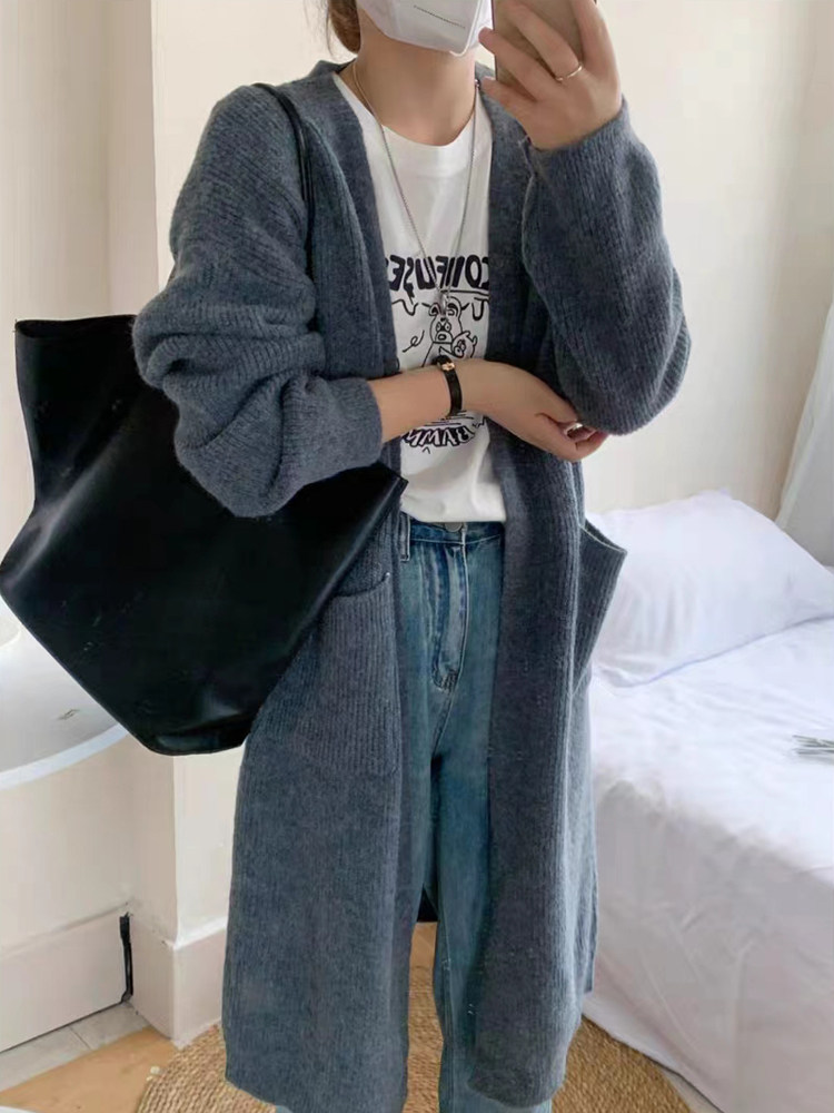 纯色加厚毛衣外套女秋冬季新款宽松慵懒风中长款过膝针织开衫外搭