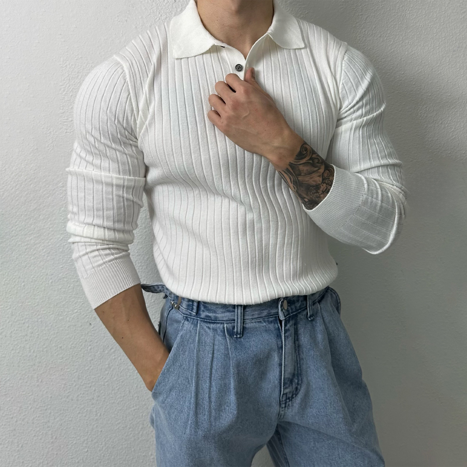 WHITE LONG SLEEVE POLO SHIRT MENS AUTUMN NEW TREND SIMPLE MUSCLE FITNESS STRIPED KNIT LAPEL TOP T-SHIRT