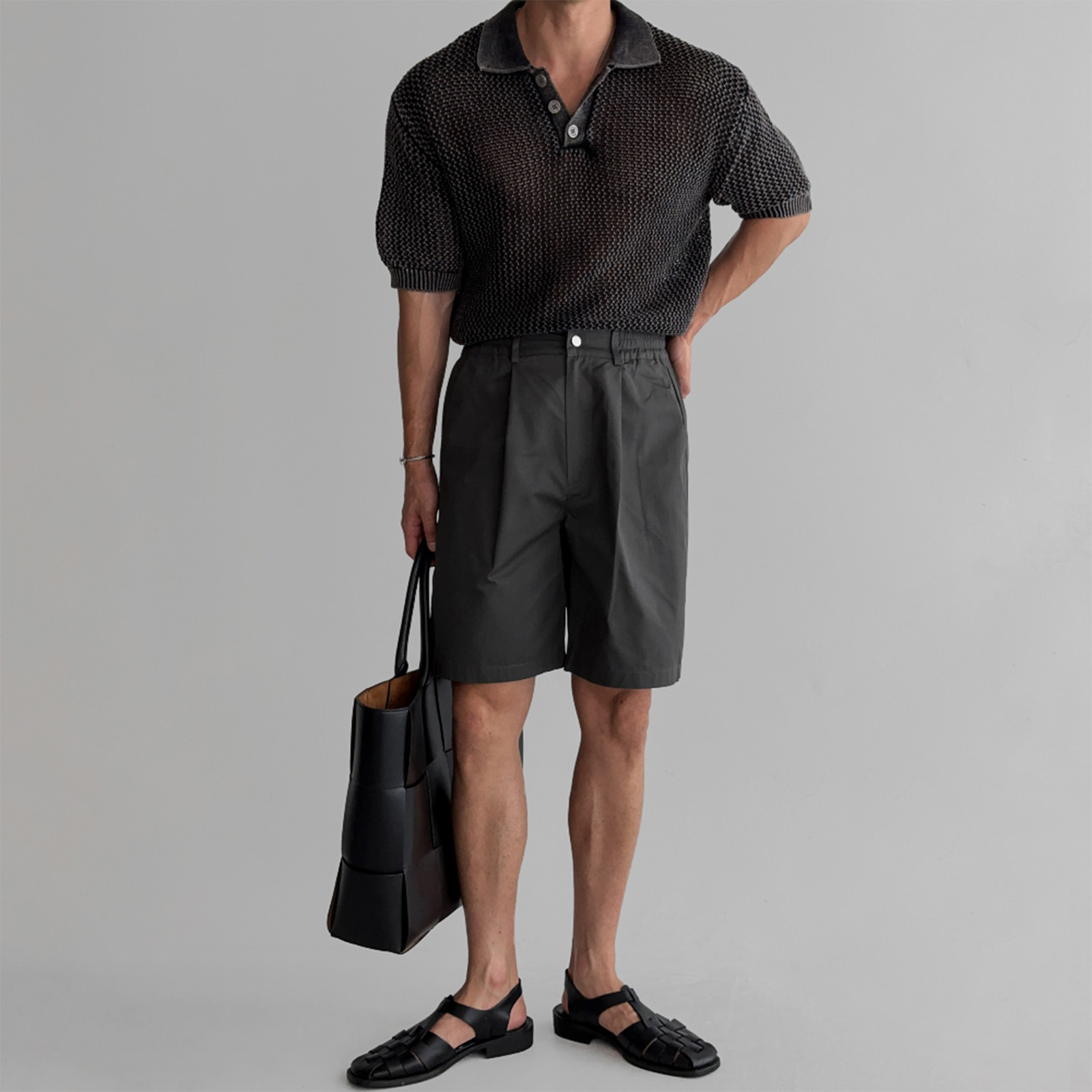 HONEYCOMB HOLLOW KNIT SHORT SLEEVE POLO SHIRT MENS SUMMER LIGHT WASH SUN PROTECTION TOP DESIGN LAPEL T-T
