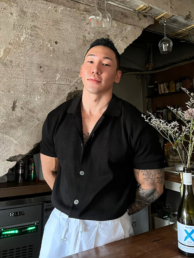 MENS SHORT-SLEEVED POLO SHIRT AUTUMN THIN SOLID COLOR HEAVY KNIT CARDIGAN T-SHIRT AMERICAN TREND HIGH-END TOP