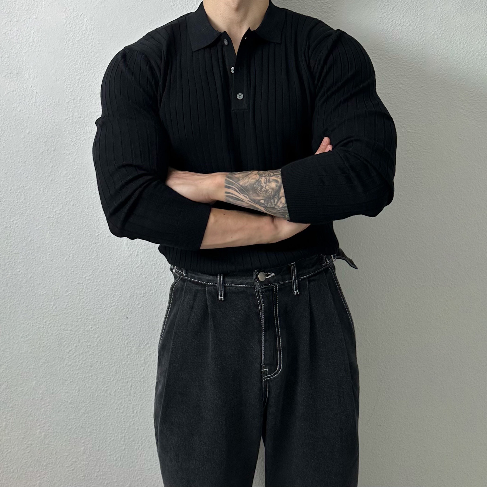 WHITE LONG SLEEVE POLO SHIRT MENS AUTUMN NEW TREND SIMPLE MUSCLE FITNESS STRIPED KNIT LAPEL TOP T-SHIRT