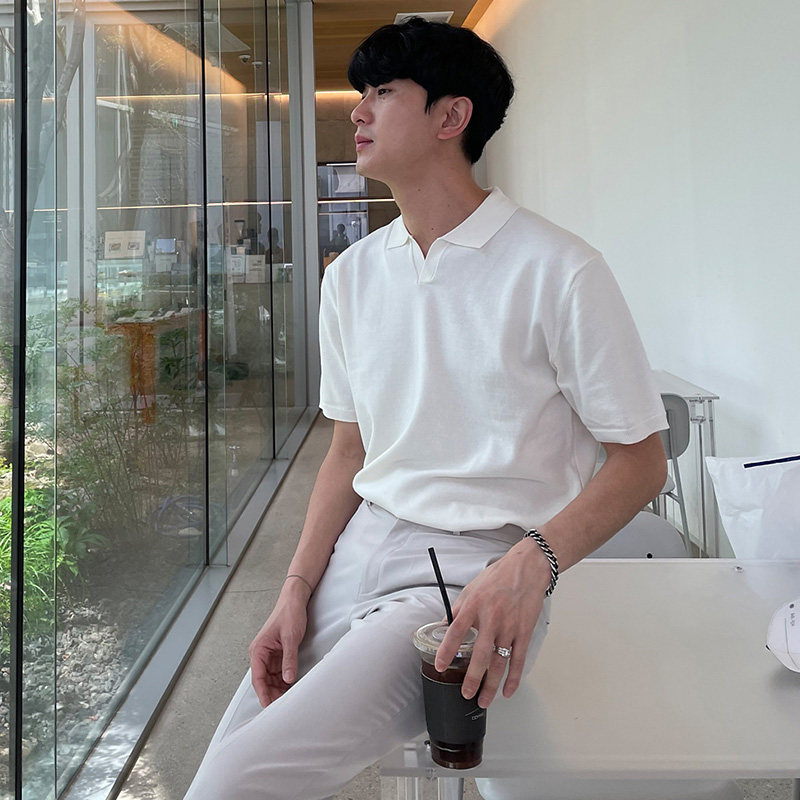 SUMMER THIN POLO SHIRT SHORT SLEEVE MENS LAPEL FASHION BRAND LOOSE HALF-SLEEVE KOREAN VERSION OF HONG KONG STYLE SOLID COLOR KNIT T-SHIRT TIDE