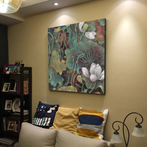 传统中式仿手绘工笔大幅面油画布装饰画  重彩荷花无框画背景画 - 封面