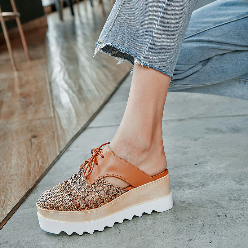 Europe station Hollow The thickness of the bottom Muffin Word tow genuine leather weave Square slipper High-heeled With slope Exorcism Sandalsin the Women's Shoes, slipper, Word tow category - from Buy2taobao.com to provide professional Taobao agent buy service