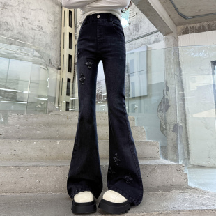 女童喇叭牛仔裤加厚冬装新款洋气儿童加绒黑色裤子女大童微喇长裤