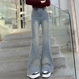 女童喇叭裤秋冬装新款儿童加绒加厚牛仔裤初中大童女孩微喇长裤子