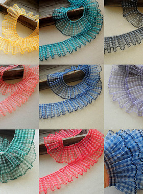 7CM田园纱印花小格子花边朝阳格子缩褶狗牙花边手工DIY娃娃裙子