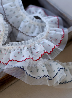 6CM宽有弹力网纱花边印花缩褶蕾丝花边松紧领边小碎花边DIY辅料