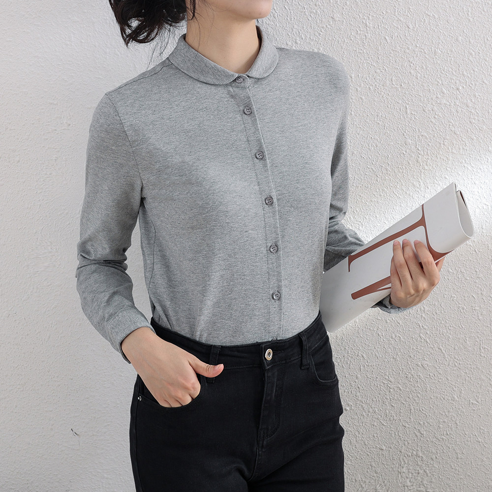 2026春秋季公务员大码打底衬衣袖扣弹力荃棉纯棉小圆领衬衫女长袖