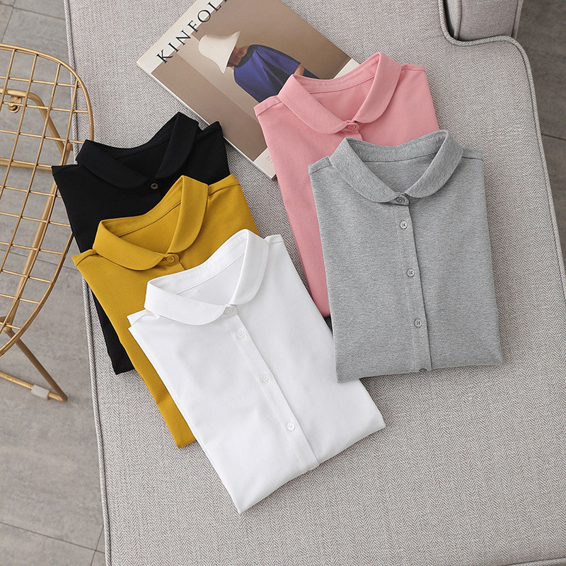 2026秋季袖扣针织弹力精梳纯棉衬衫女长袖公务员娃娃领衬衣不缩水,女装/女士精品,衬衫,淘宝优惠券,粉丝福利购,淘宝优惠卷