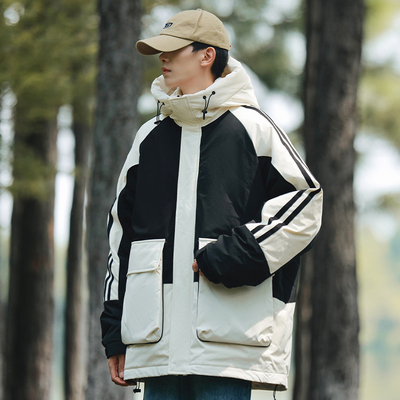 冬季连帽工装羽绒服拼色款