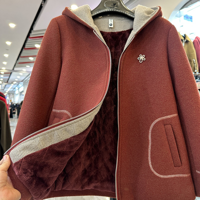 妈妈装秋冬新款连帽加绒加厚棉衣