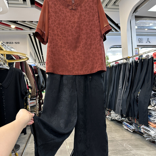 年轻妈妈2件套装圆领短袖衬衫女+提花阔腿裤夏新款宽松中老年小衫