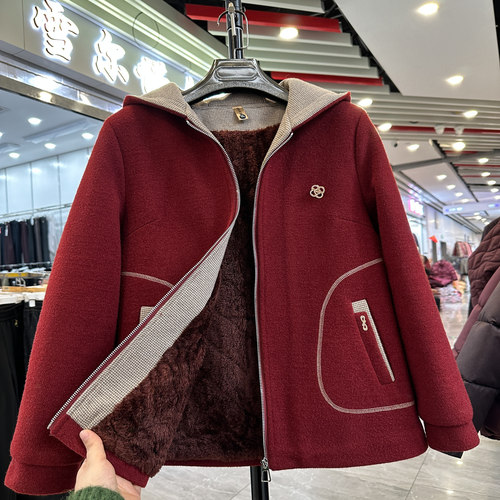 连帽加绒加厚保暖减龄毛呢外套女
