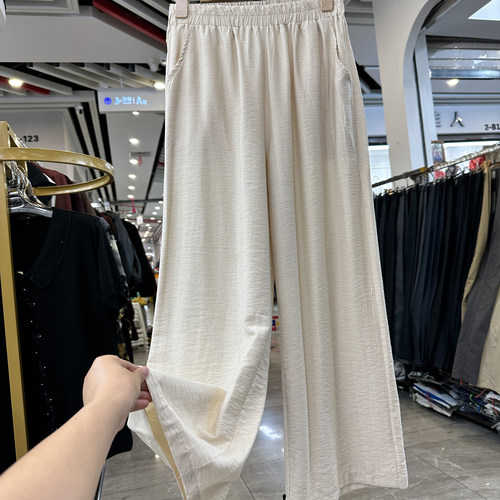 妈妈夏装松紧腰丝麻直筒休闲裤女