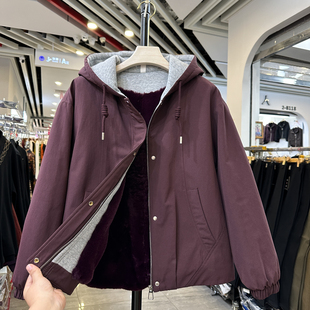 妈妈秋冬新款 拼色连帽派克服女加绒加厚休闲宽松减龄仿皮草外套女