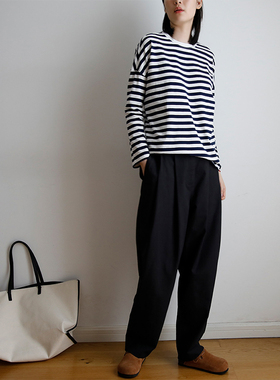 艺间出品日系通勤纯棉宽松文艺圆领长袖T恤2025秋冬藏蓝白条纹