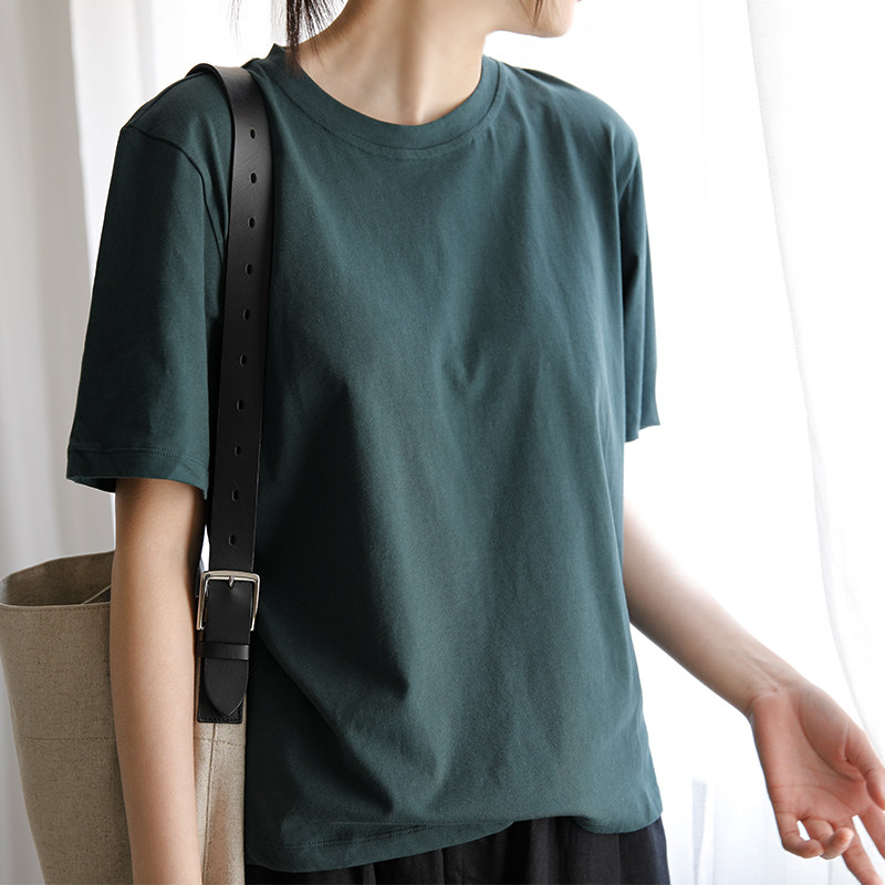 艺间出品文艺百搭女士通勤简约宽松棉圆领短袖t恤女2026夏墨绿