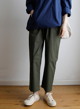艺间出品文艺宽松中高腰微弹直筒九分休闲裤2025秋军绿色