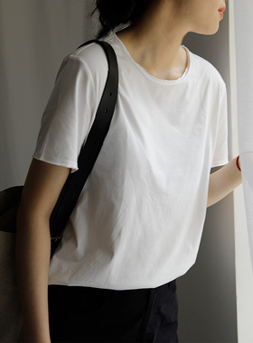 艺间出品白色纯棉通勤文艺宽松自然边圆领基础短袖T恤女2025春夏