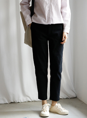 艺间出品中高腰通勤弹力纯棉磨绒直筒九分裤女2025秋冬纯黑显瘦