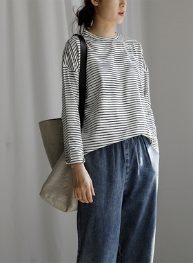 艺间出品 韩版宽松纯棉条纹圆领长袖t恤女 2025春秋黑白条