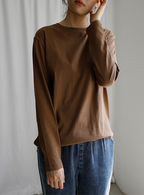 艺间出品 文艺宽松简约纯棉长袖纯色打底衫2025春秋 咖色白色