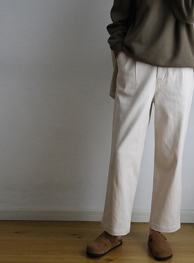 艺间出品日系通勤宽松纯棉微弹磨毛直筒长裤女2025春百搭棉胚白