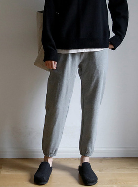 艺间出品文艺宽松纯棉加绒收口运动休闲卫裤 2025秋冬浅灰长裤