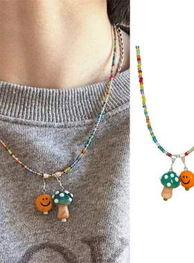 彩色串珠蘑菇项链甜美