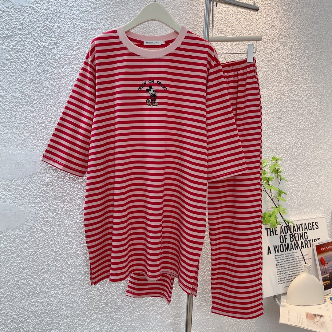 长款上衣七分袖长裤睡衣套装女纯棉春秋季薄款宽松大码家居服条纹,女士内衣/男士内衣/家居服,睡衣/家居服套装,淘宝优惠券,粉丝福利购,淘宝优惠卷