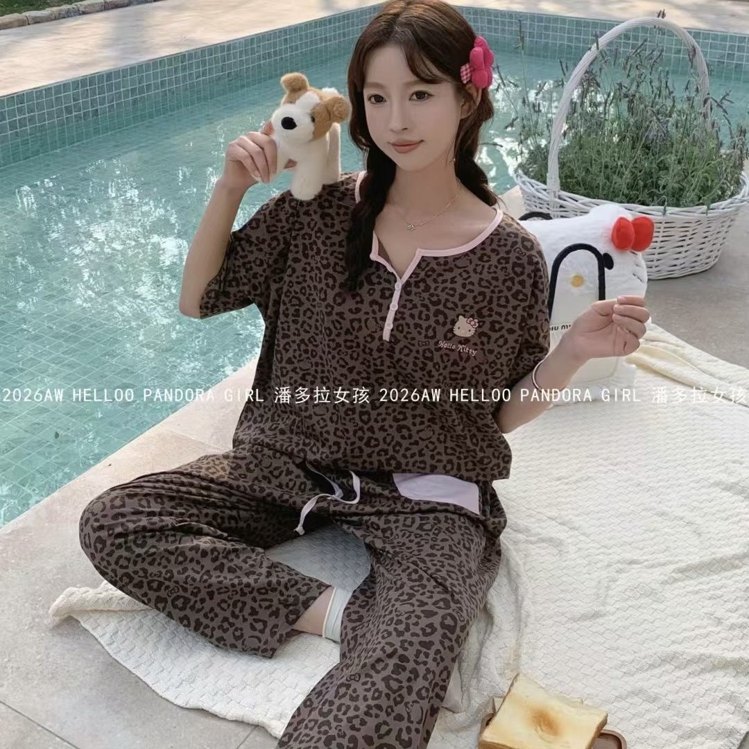 韩版豹纹睡衣女纯棉短袖长裤家居服套装春夏季薄款宽松套头甜美新,女士内衣/男士内衣/家居服,睡衣/家居服套装,淘宝优惠券,粉丝福利购,淘宝优惠卷