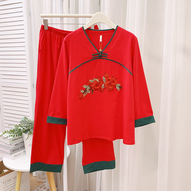 红色睡衣套装女纯棉民族风新年本命年宽松薄款家居服绣花盘扣长袖,女士内衣/男士内衣/家居服,睡衣/家居服套装,淘宝优惠券,粉丝福利购,淘宝优惠卷