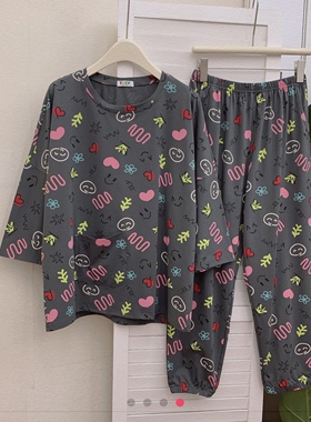 8分袖睡衣女式纯棉大码家居服套装春秋季薄款卡通圆领红色本命年