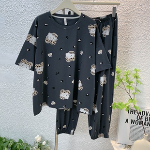 短款大码睡衣女纯棉短袖长裤家居服套装春夏季薄款200斤卡通宽松