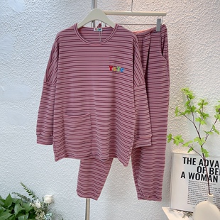 秋冬季女式薄绒睡衣套装大码德绒长袖宽松弹力家居服条纹韩版收口