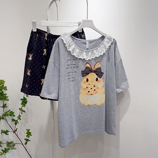 短裤 薄款 睡衣套装 家居服宽松花边减龄夏季 女卡通甜美韩版 纯棉短袖