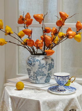 双型芍药冰裂纹八角青花瓷瓶家用客厅装饰摆件入户玄关水培插花器