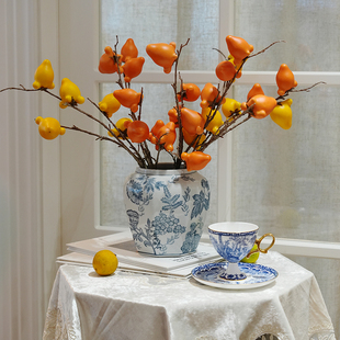 双型芍药冰裂纹八角青花瓷瓶家用客厅装 饰摆件入户玄关水培插花器