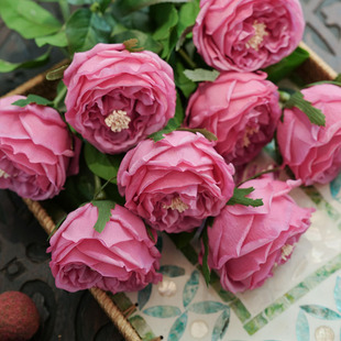 出口美国单头手感布仿真保湿 玫瑰花一捧秋玫红色玫瑰8枝44cm