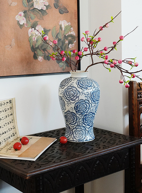 13寸牡丹纹梅青花瓷瓶满绘釉下彩居家装饰摆件客厅玄关花瓶