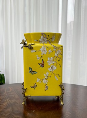 英式田园风做旧高温铜镶陶瓷金盏黄花瓶-蝶恋花23X15X35