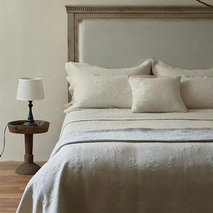 亚麻绗缝云窝床盖三件套外贸尾单